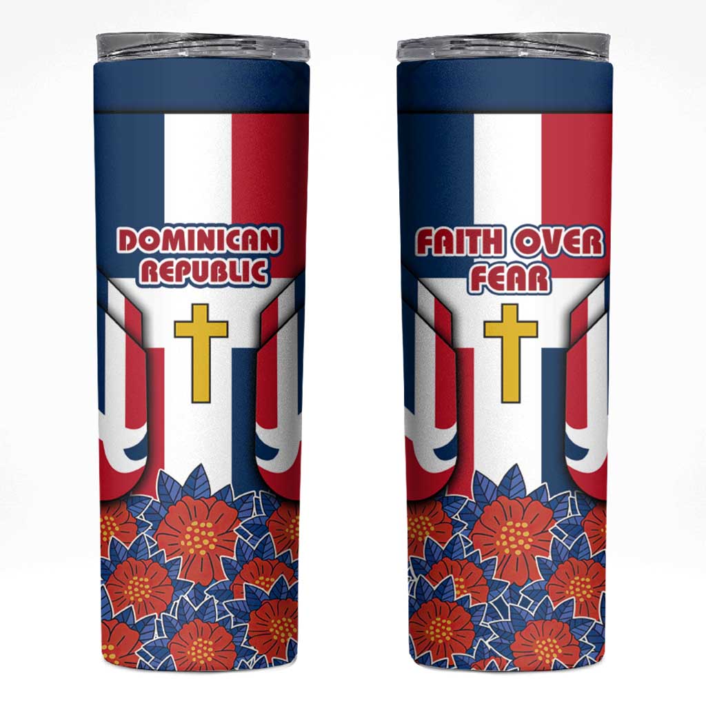 Dominican Republic Flag Skinny Tumbler with Cross and Floral Design Red Blue Pattern - Wonder Print Shop