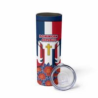 Dominican Republic Flag Skinny Tumbler with Cross and Floral Design Red Blue Pattern - Wonder Print Shop