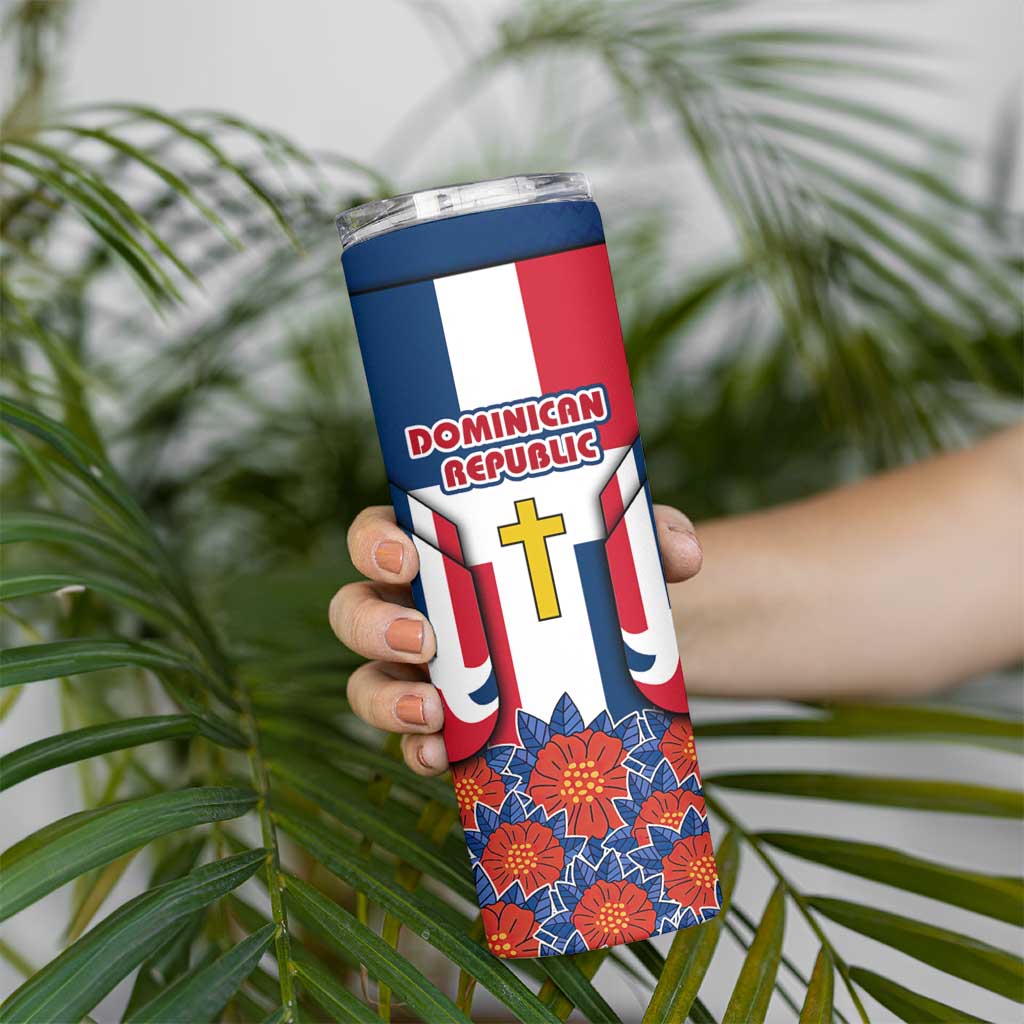Dominican Republic Flag Skinny Tumbler with Cross and Floral Design Red Blue Pattern - Wonder Print Shop