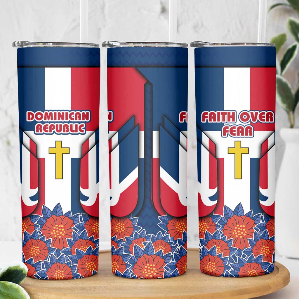 Dominican Republic Flag Skinny Tumbler with Cross and Floral Design Red Blue Pattern - Wonder Print Shop