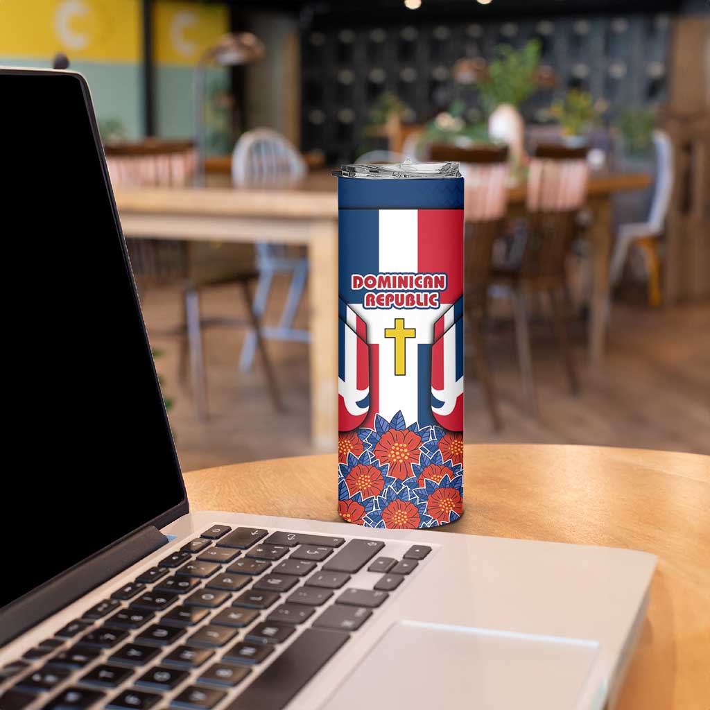 Dominican Republic Flag Skinny Tumbler with Cross and Floral Design Red Blue Pattern - Wonder Print Shop