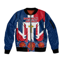 Dominican Republic Flag Sleeve Zip Bomber Jacket with Cross and Floral Design Red Blue Pattern - Wonder Print Shop