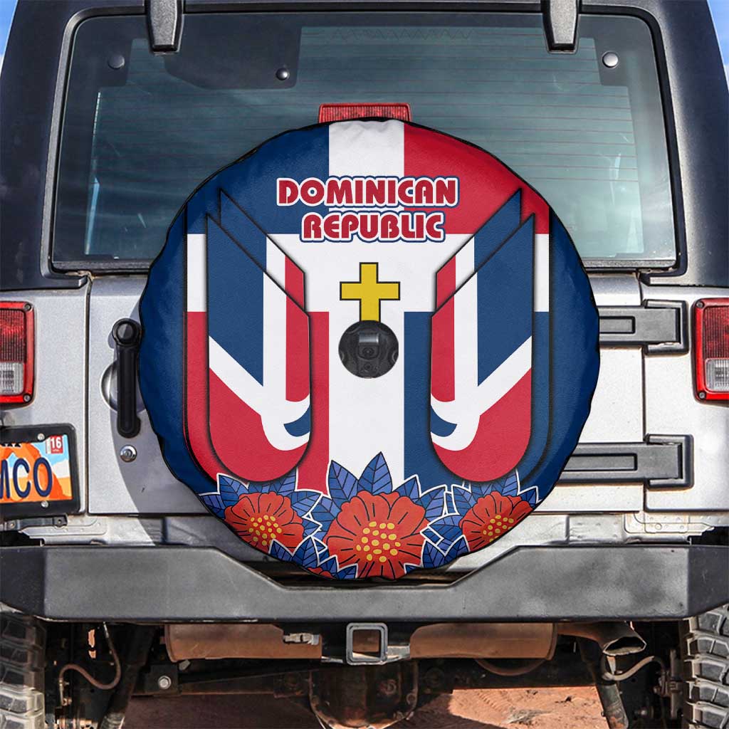 Dominican Republic Flag Spare Tire Cover with Cross and Floral Design Red Blue Pattern - Wonder Print Shop