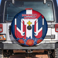 Dominican Republic Flag Spare Tire Cover with Cross and Floral Design Red Blue Pattern - Wonder Print Shop