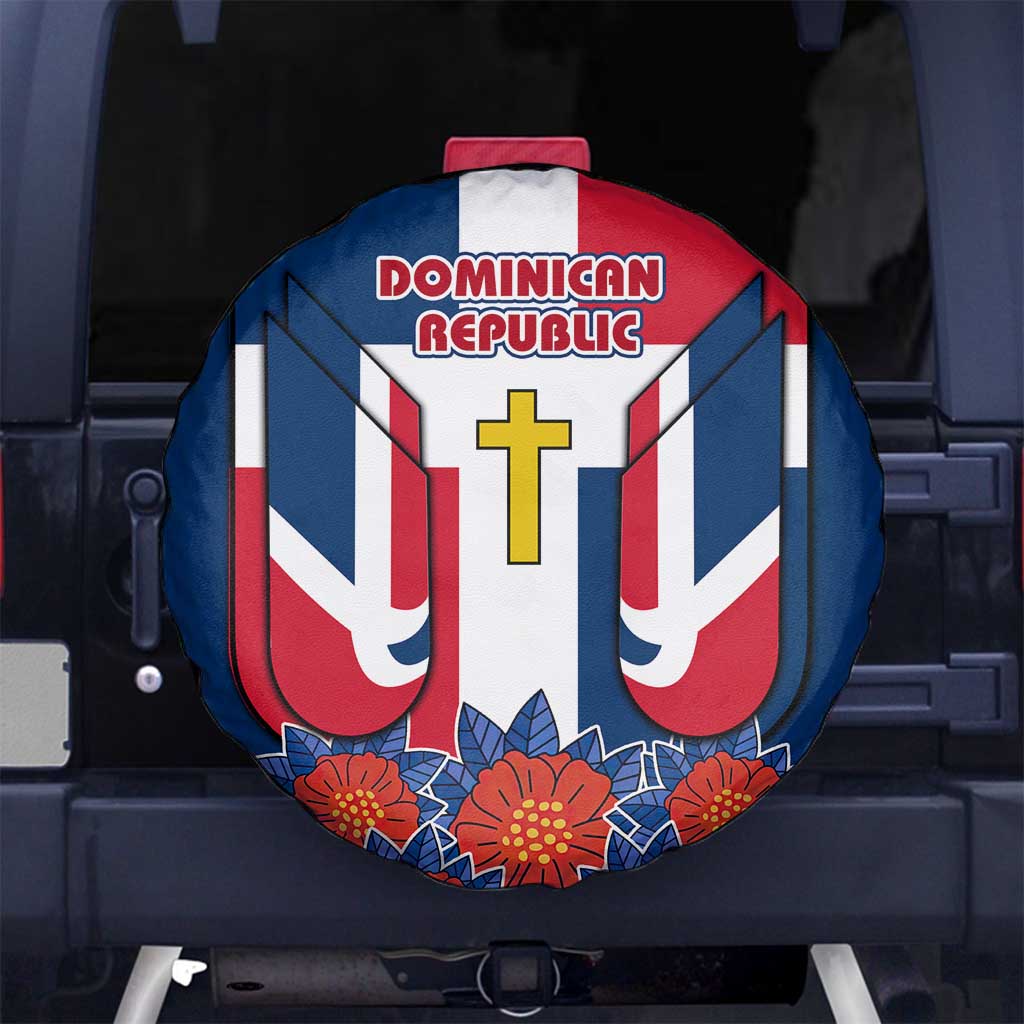 Dominican Republic Flag Spare Tire Cover with Cross and Floral Design Red Blue Pattern - Wonder Print Shop