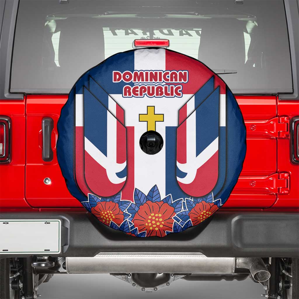 Dominican Republic Flag Spare Tire Cover with Cross and Floral Design Red Blue Pattern - Wonder Print Shop
