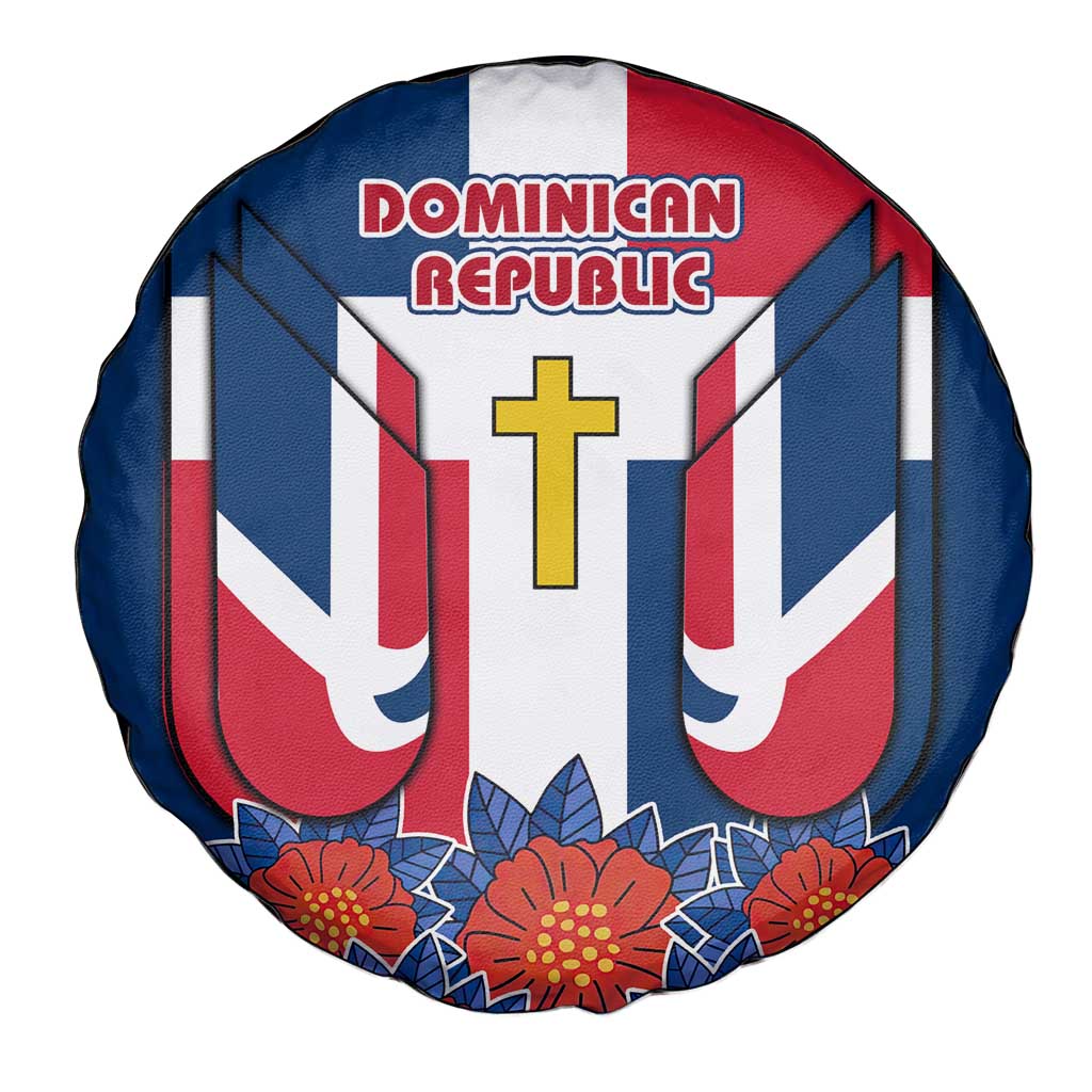Dominican Republic Flag Spare Tire Cover with Cross and Floral Design Red Blue Pattern - Wonder Print Shop