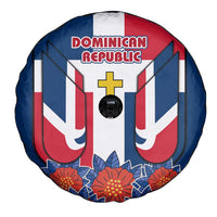 Dominican Republic Flag Spare Tire Cover with Cross and Floral Design Red Blue Pattern - Wonder Print Shop