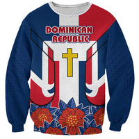 Dominican Republic Flag Sweatshirt with Cross and Floral Design Red Blue Pattern - Wonder Print Shop