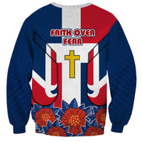 Dominican Republic Flag Sweatshirt with Cross and Floral Design Red Blue Pattern - Wonder Print Shop