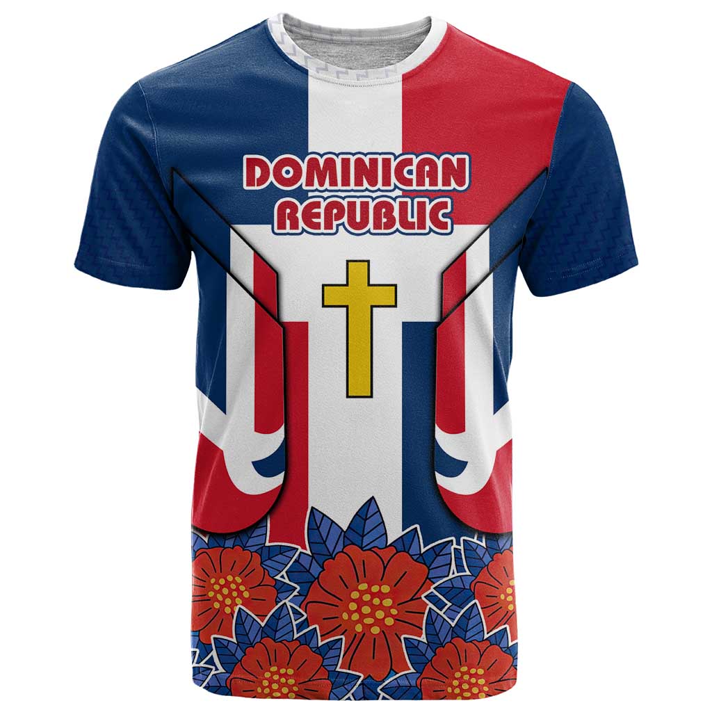 Dominican Republic Flag T Shirt with Cross and Floral Design Red Blue Pattern - Wonder Print Shop