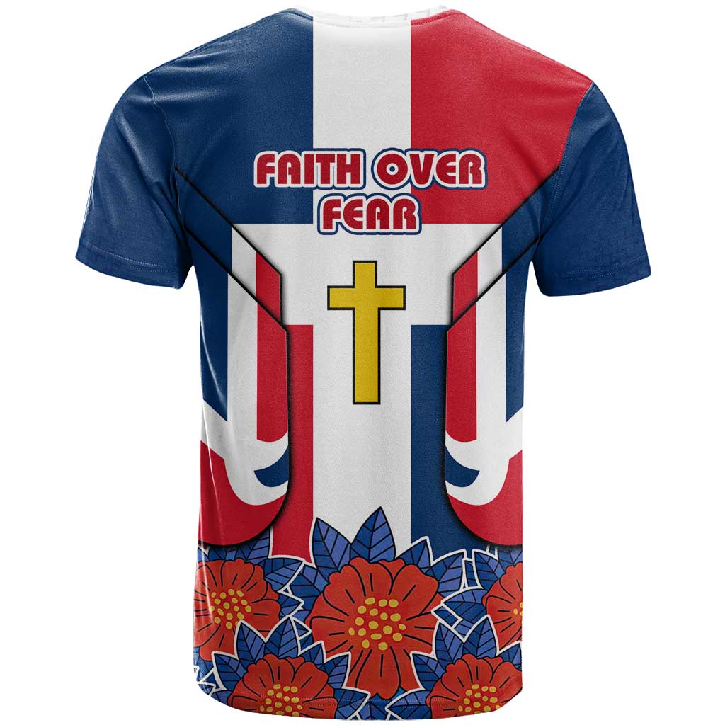 Dominican Republic Flag T Shirt with Cross and Floral Design Red Blue Pattern - Wonder Print Shop