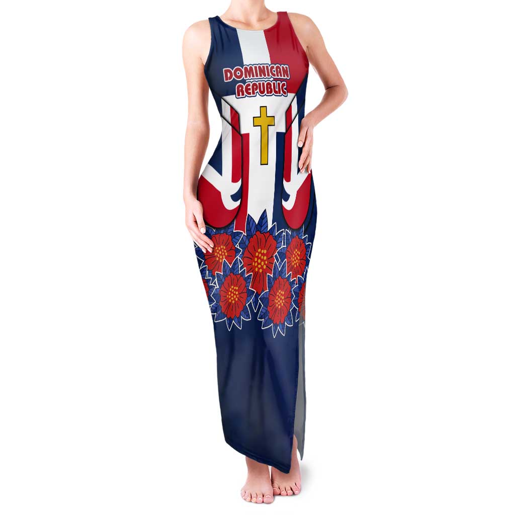 Dominican Republic Flag Tank Maxi Dress with Cross and Floral Design Red Blue Pattern - Wonder Print Shop