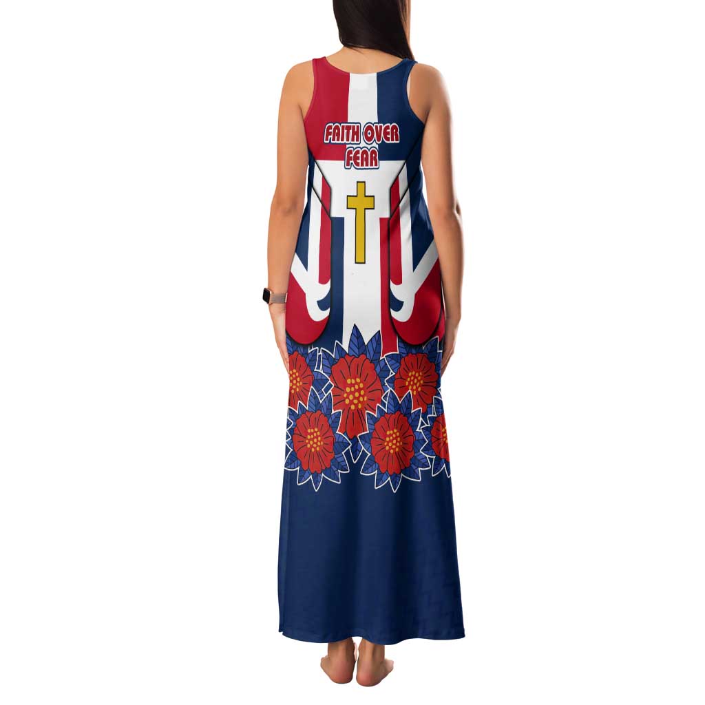 Dominican Republic Flag Tank Maxi Dress with Cross and Floral Design Red Blue Pattern - Wonder Print Shop