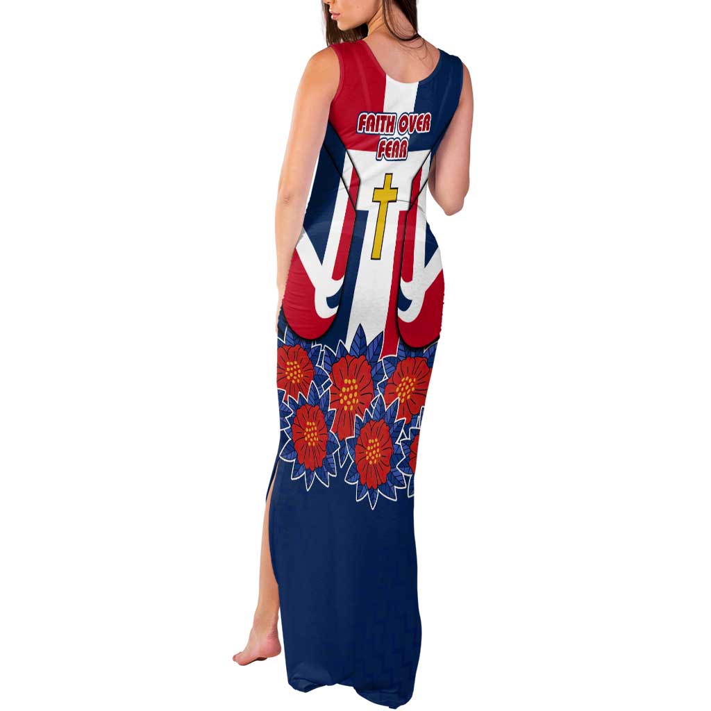 Dominican Republic Flag Tank Maxi Dress with Cross and Floral Design Red Blue Pattern - Wonder Print Shop