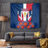 Dominican Republic Flag Tapestry with Cross and Floral Design Red Blue Pattern - Wonder Print Shop
