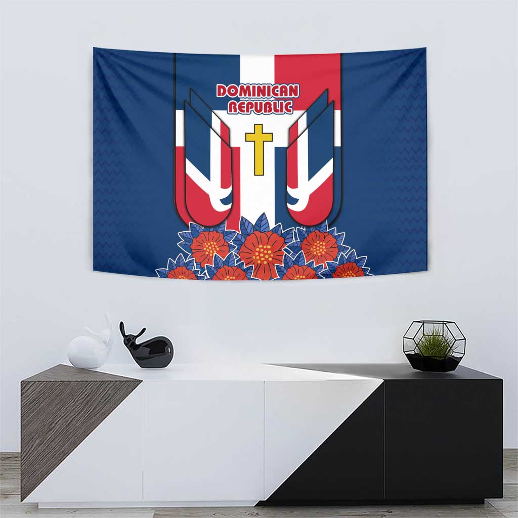 Dominican Republic Flag Tapestry with Cross and Floral Design Red Blue Pattern - Wonder Print Shop