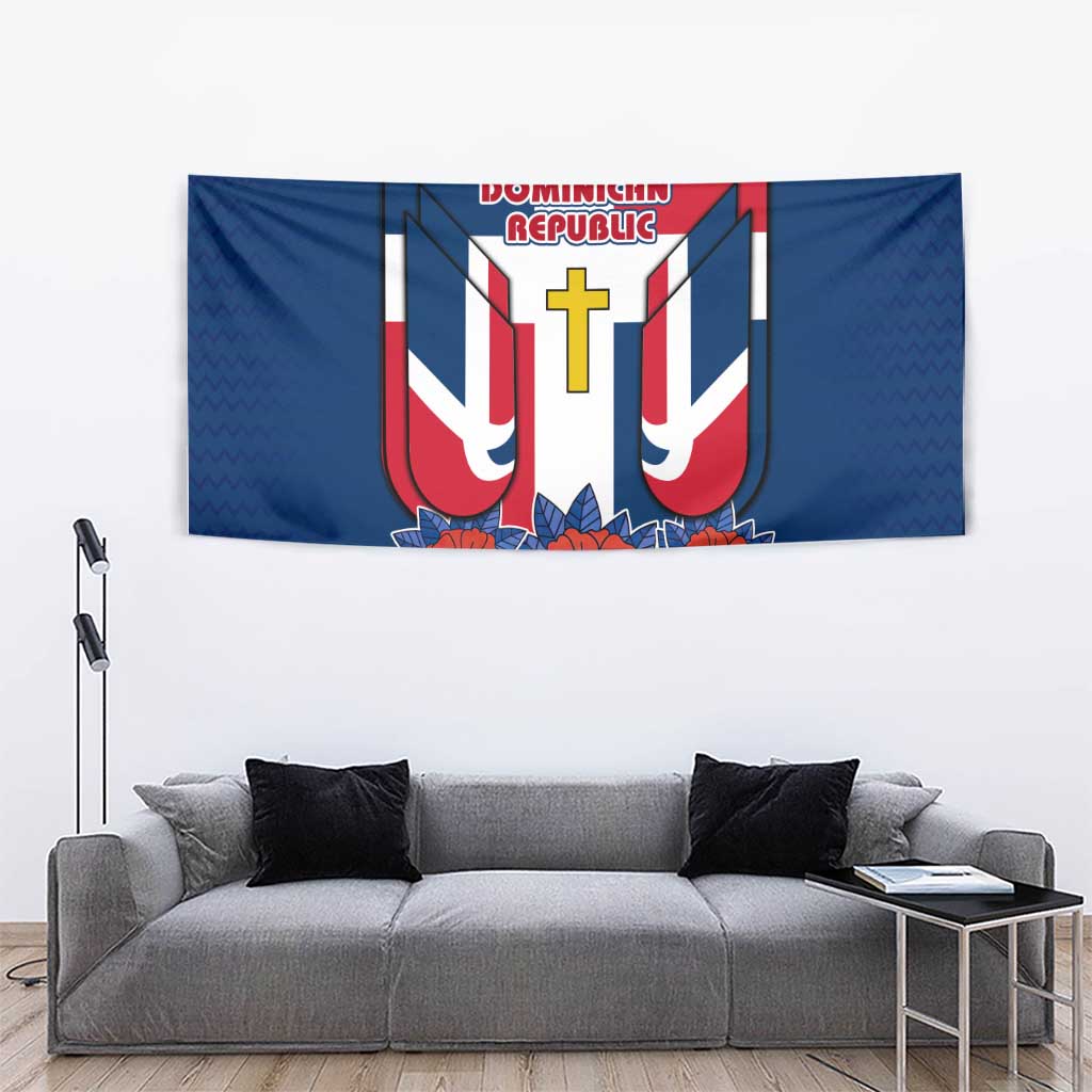 Dominican Republic Flag Tapestry with Cross and Floral Design Red Blue Pattern - Wonder Print Shop
