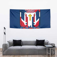 Dominican Republic Flag Tapestry with Cross and Floral Design Red Blue Pattern - Wonder Print Shop