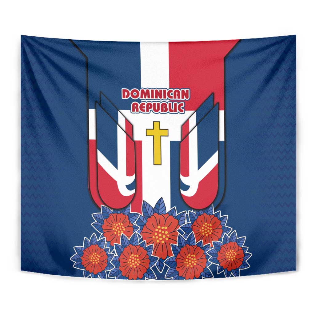 Dominican Republic Flag Tapestry with Cross and Floral Design Red Blue Pattern - Wonder Print Shop