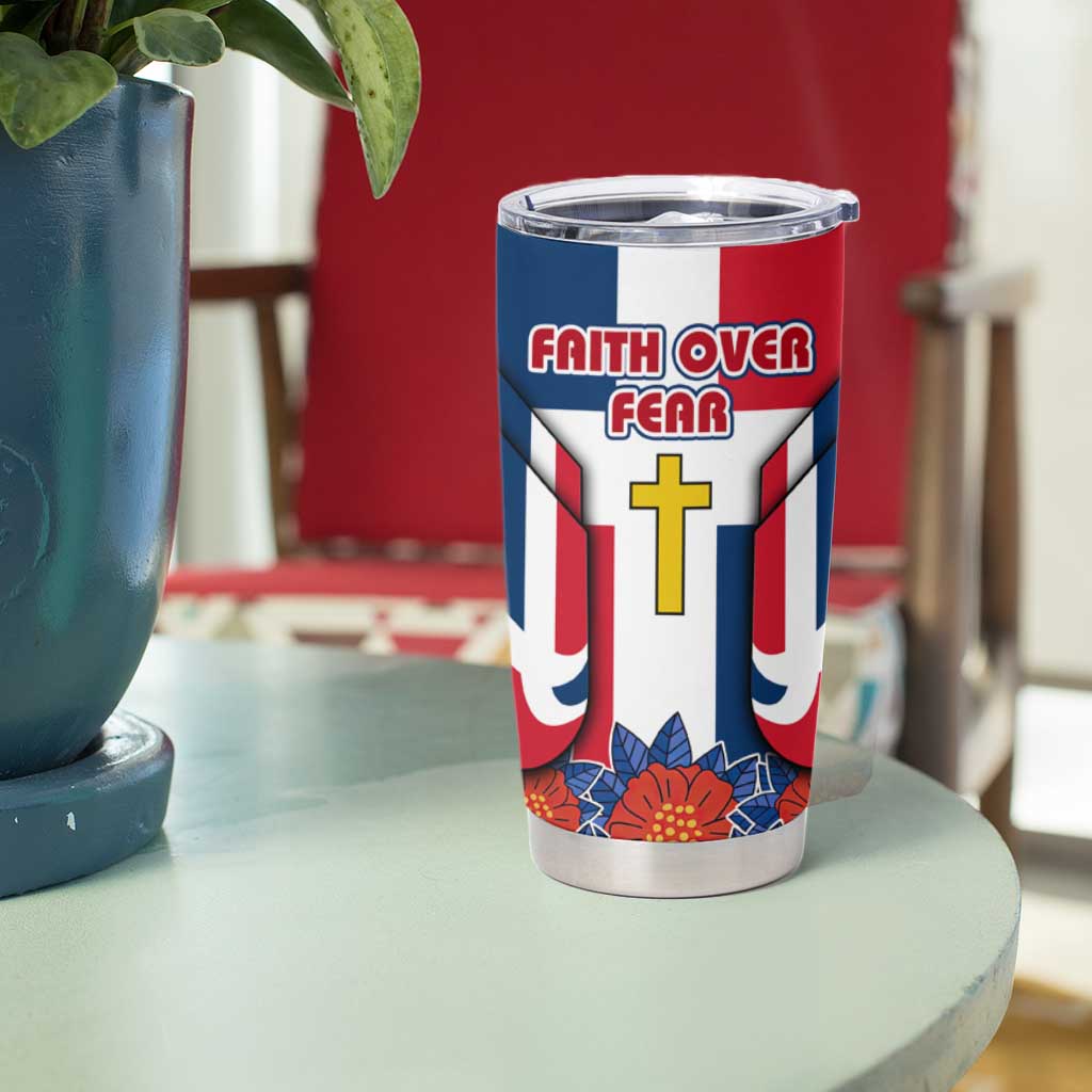 Dominican Republic Flag Tumbler Cup with Cross and Floral Design Red Blue Pattern - Wonder Print Shop
