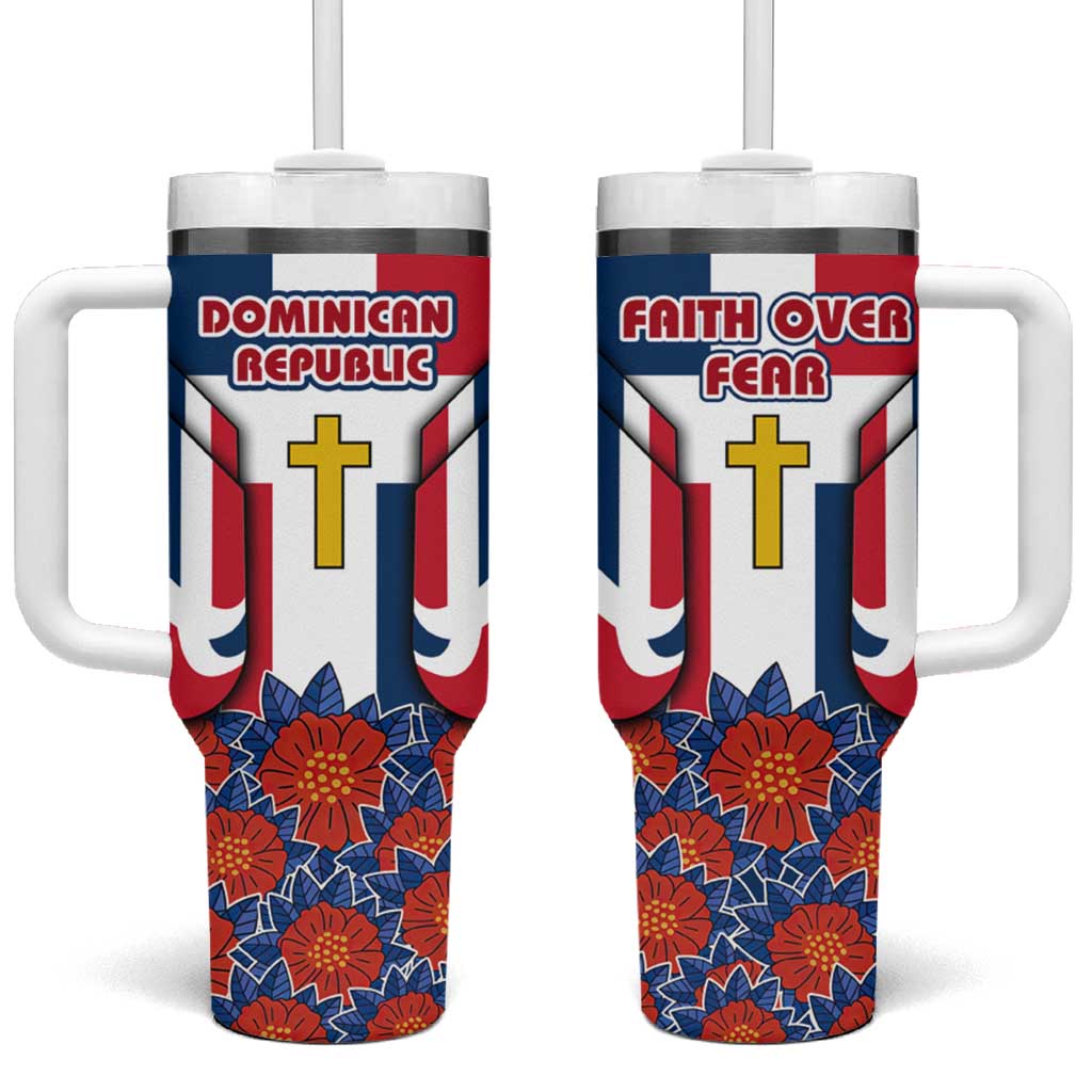 Dominican Republic Flag Tumbler With Handle with Cross and Floral Design Red Blue Pattern - Wonder Print Shop