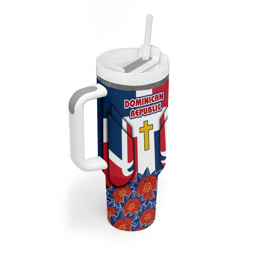 Dominican Republic Flag Tumbler With Handle with Cross and Floral Design Red Blue Pattern - Wonder Print Shop
