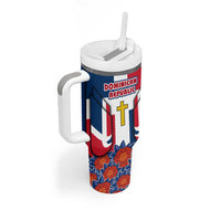 Dominican Republic Flag Tumbler With Handle with Cross and Floral Design Red Blue Pattern - Wonder Print Shop