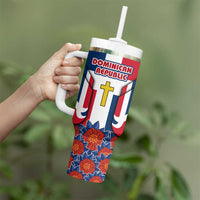 Dominican Republic Flag Tumbler With Handle with Cross and Floral Design Red Blue Pattern - Wonder Print Shop