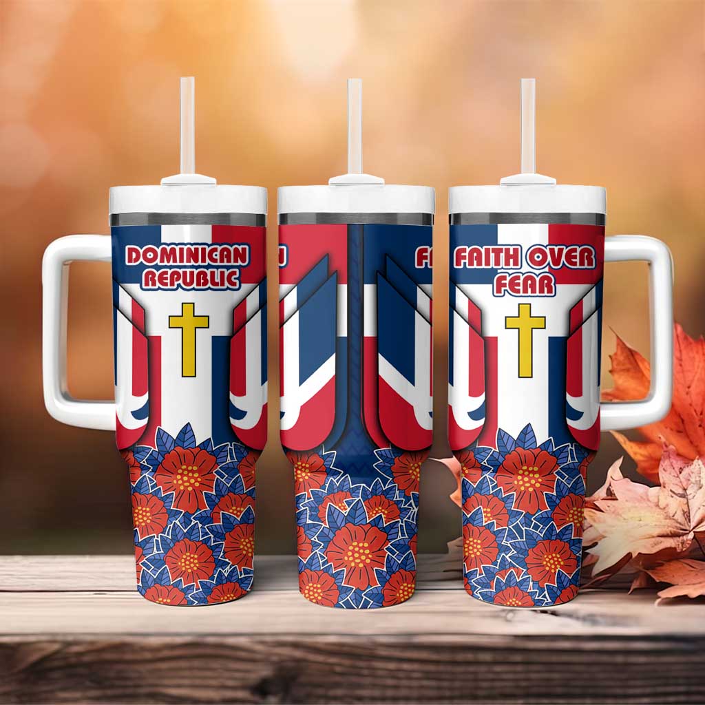 Dominican Republic Flag Tumbler With Handle with Cross and Floral Design Red Blue Pattern - Wonder Print Shop