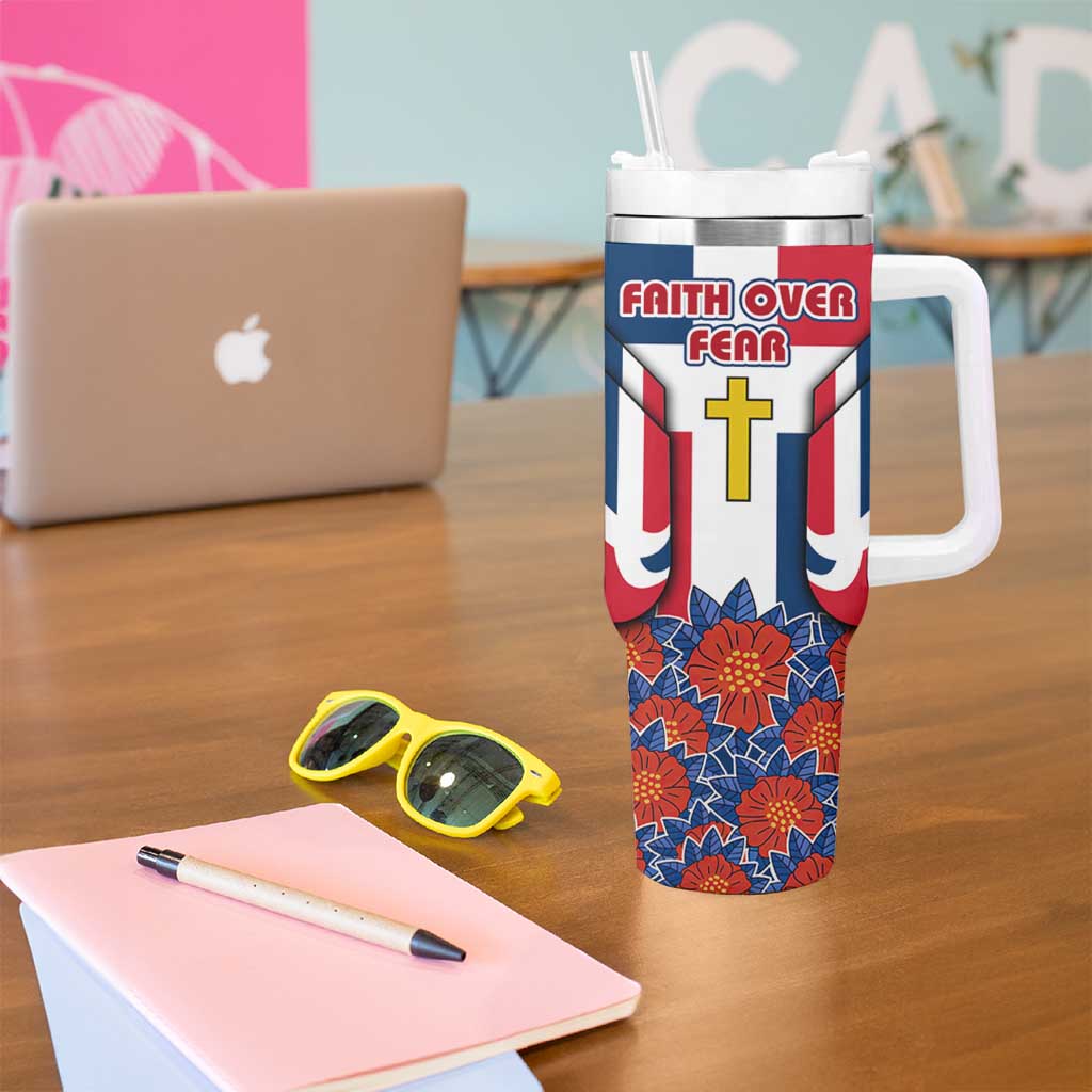 Dominican Republic Flag Tumbler With Handle with Cross and Floral Design Red Blue Pattern - Wonder Print Shop