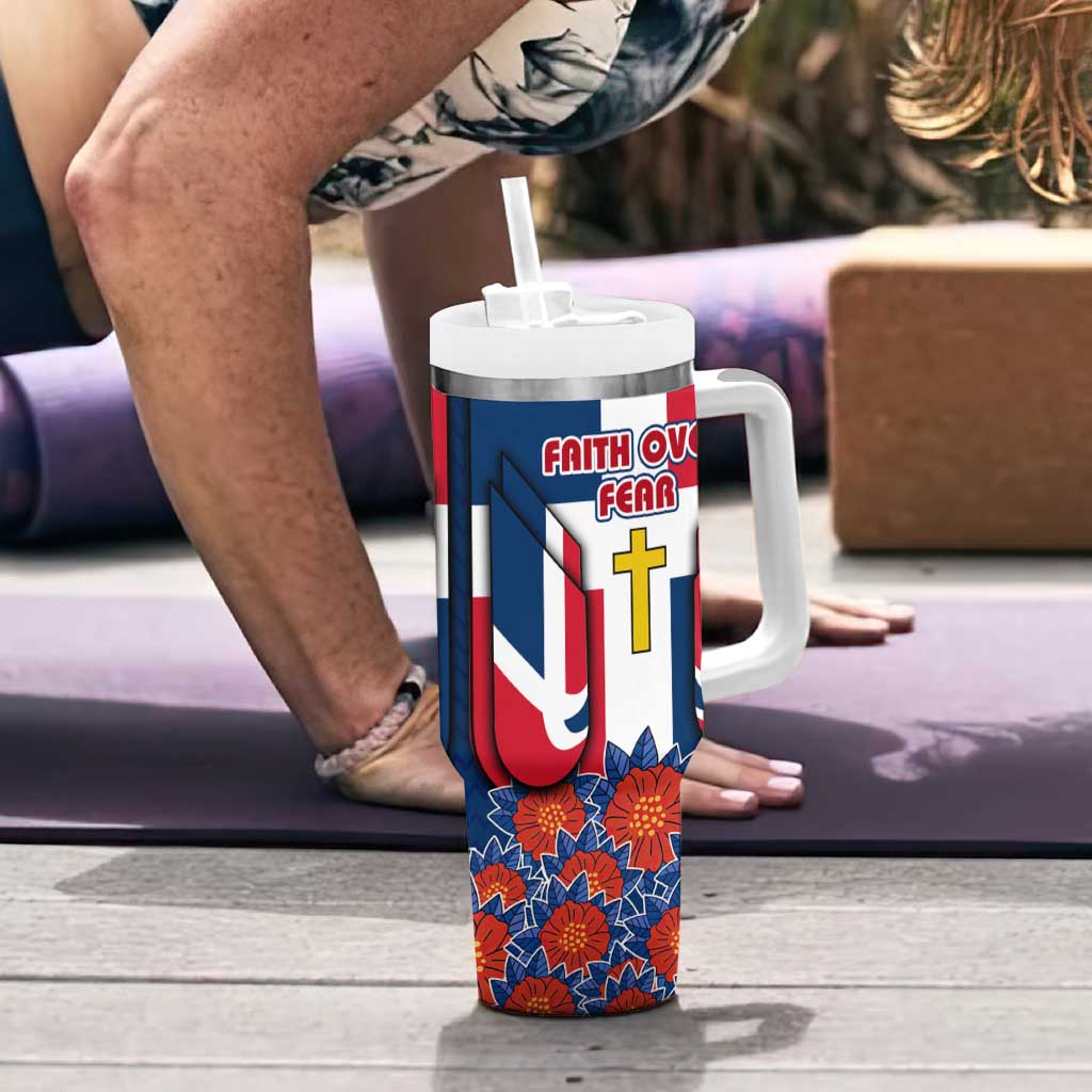 Dominican Republic Flag Tumbler With Handle with Cross and Floral Design Red Blue Pattern - Wonder Print Shop