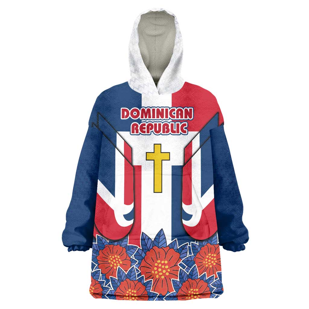 Dominican Republic Flag Wearable Blanket Hoodie with Cross and Floral Design Red Blue Pattern - Wonder Print Shop