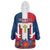 Dominican Republic Flag Wearable Blanket Hoodie with Cross and Floral Design Red Blue Pattern - Wonder Print Shop