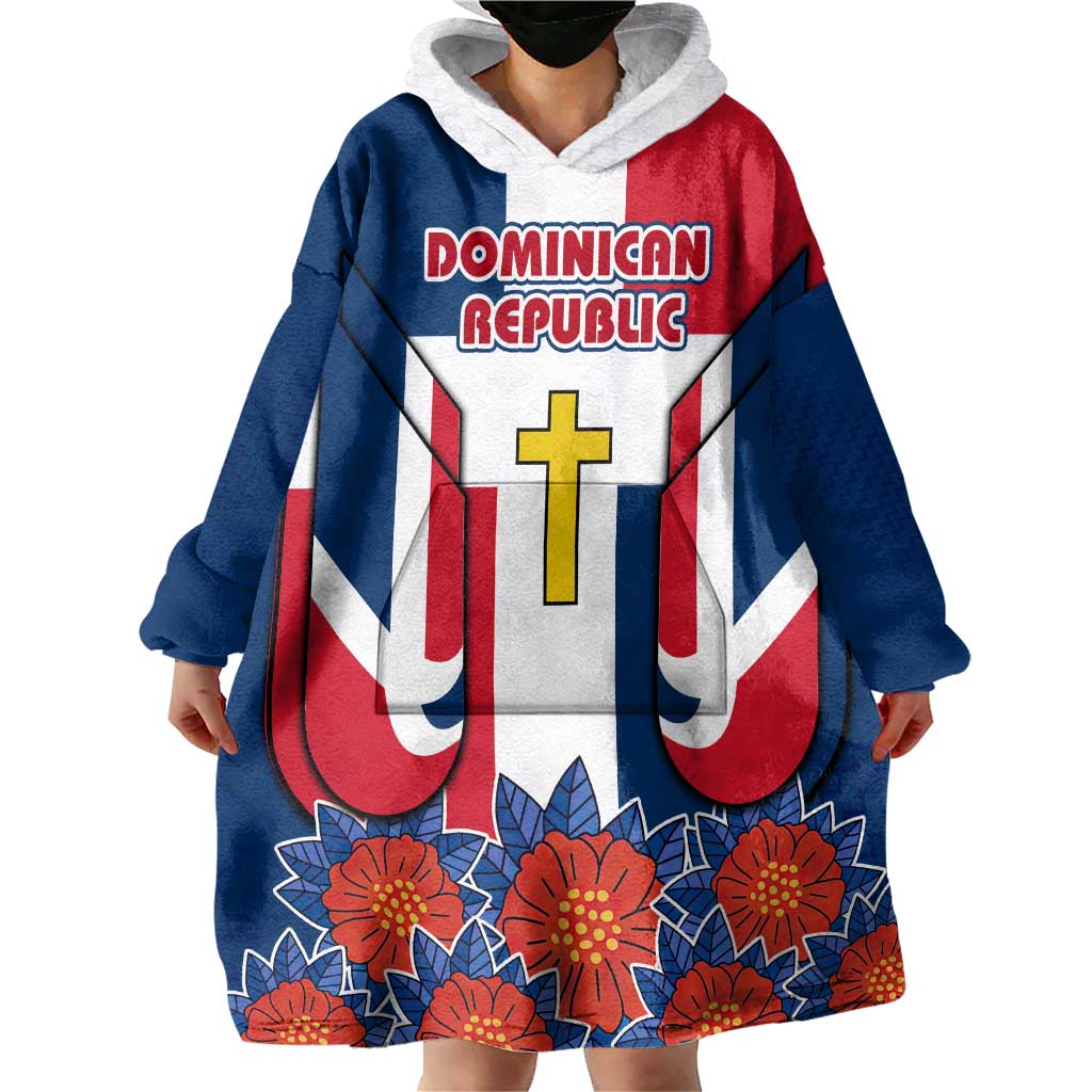 Dominican Republic Flag Wearable Blanket Hoodie with Cross and Floral Design Red Blue Pattern - Wonder Print Shop