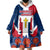 Dominican Republic Flag Wearable Blanket Hoodie with Cross and Floral Design Red Blue Pattern - Wonder Print Shop