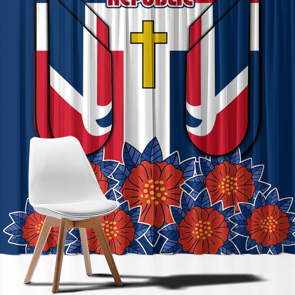 Dominican Republic Flag Window Curtain with Cross and Floral Design Red Blue Pattern - Wonder Print Shop
