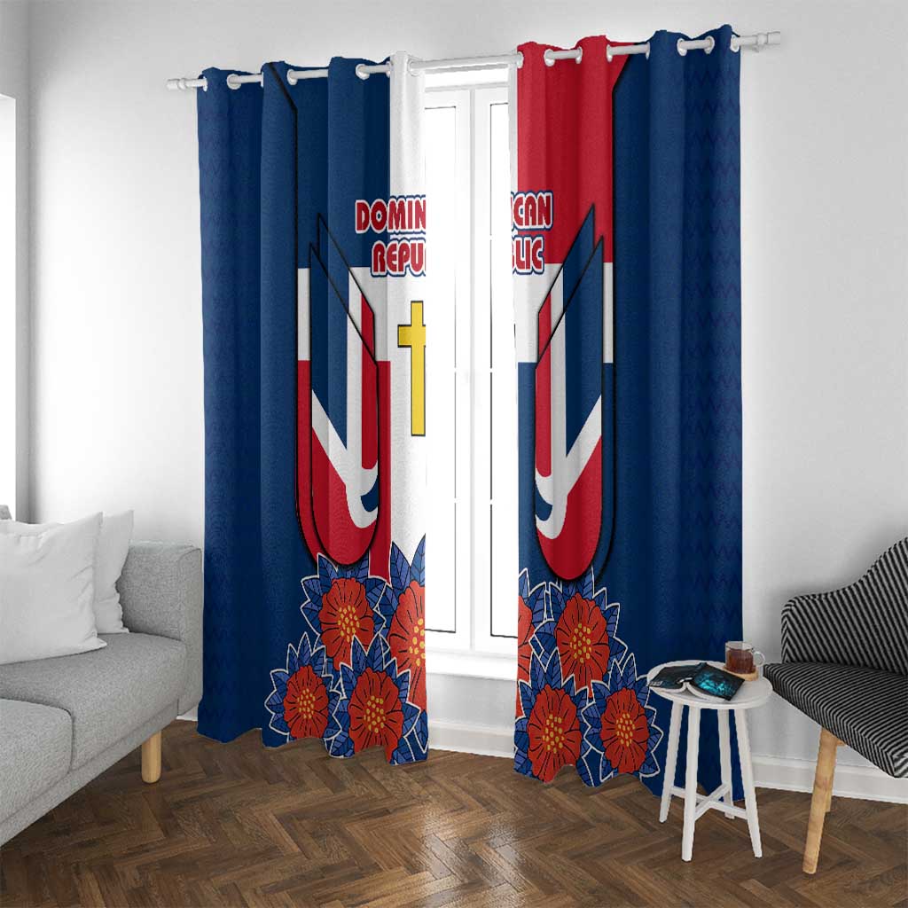 Dominican Republic Flag Window Curtain with Cross and Floral Design Red Blue Pattern - Wonder Print Shop