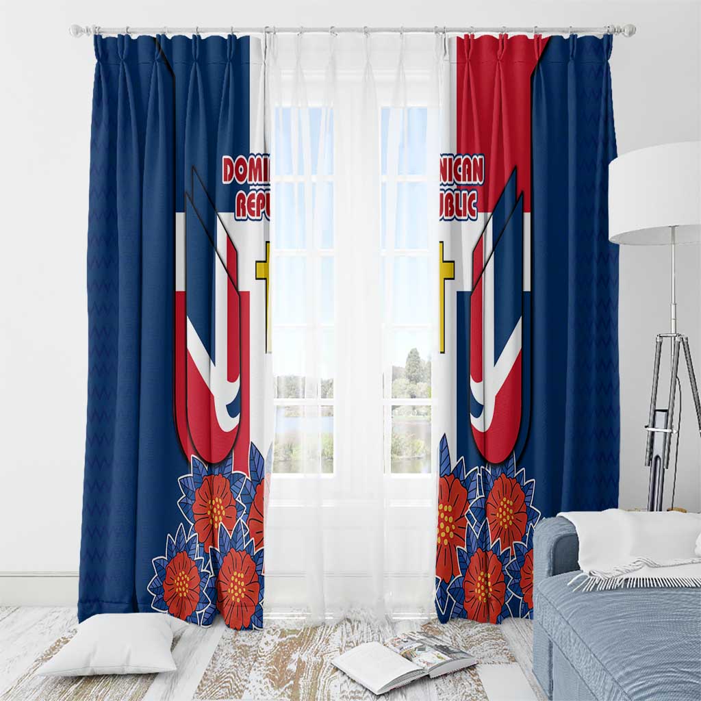 Dominican Republic Flag Window Curtain with Cross and Floral Design Red Blue Pattern - Wonder Print Shop