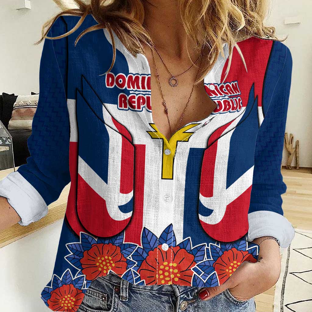 Dominican Republic Flag Women Casual Shirt with Cross and Floral Design Red Blue Pattern - Wonder Print Shop