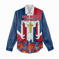 Dominican Republic Flag Women Casual Shirt with Cross and Floral Design Red Blue Pattern - Wonder Print Shop