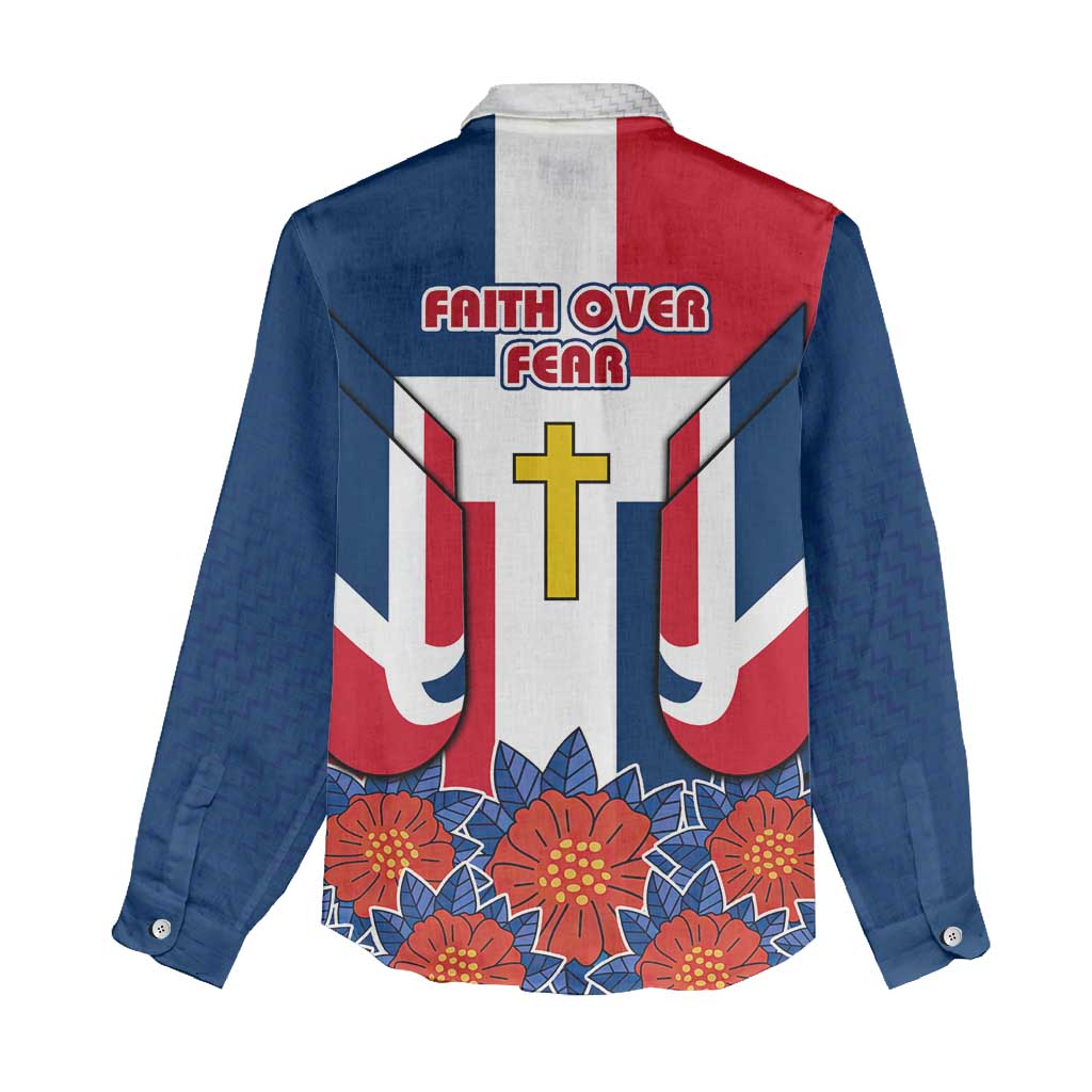 Dominican Republic Flag Women Casual Shirt with Cross and Floral Design Red Blue Pattern - Wonder Print Shop