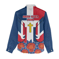 Dominican Republic Flag Women Casual Shirt with Cross and Floral Design Red Blue Pattern - Wonder Print Shop