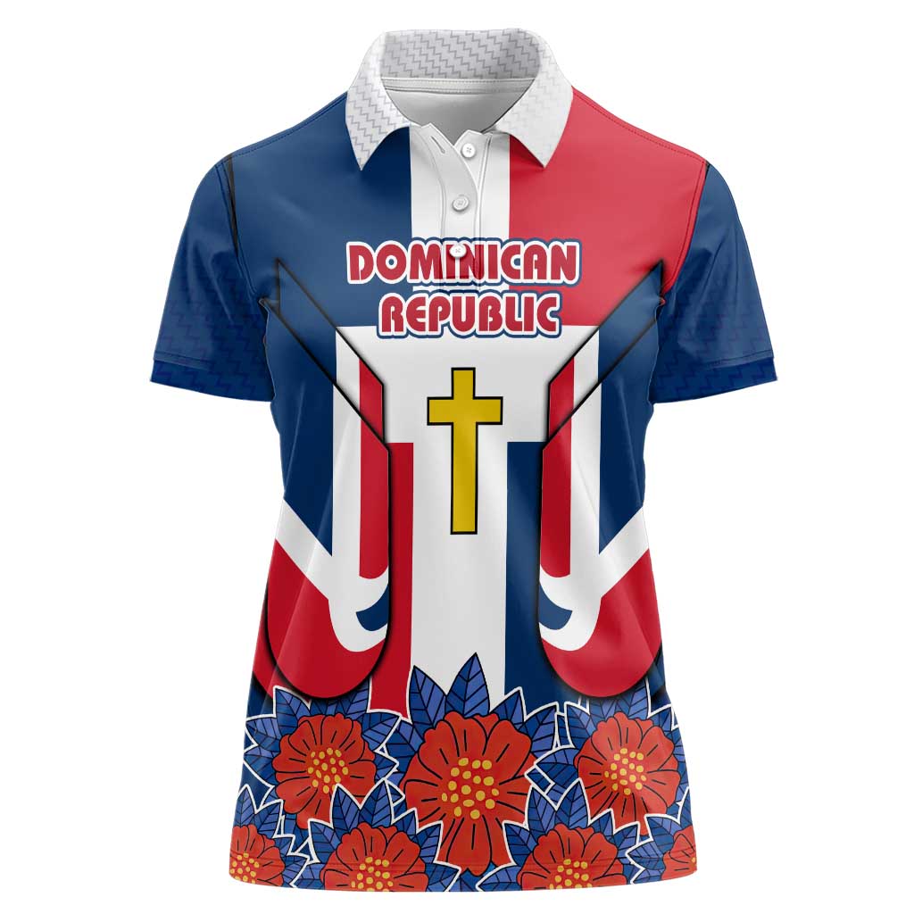 Dominican Republic Flag Women Polo Shirt with Cross and Floral Design Red Blue Pattern - Wonder Print Shop