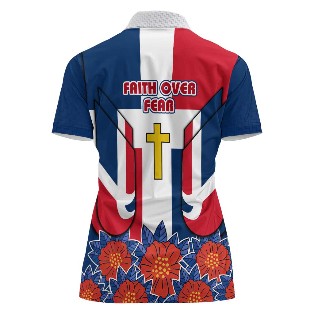 Dominican Republic Flag Women Polo Shirt with Cross and Floral Design Red Blue Pattern - Wonder Print Shop