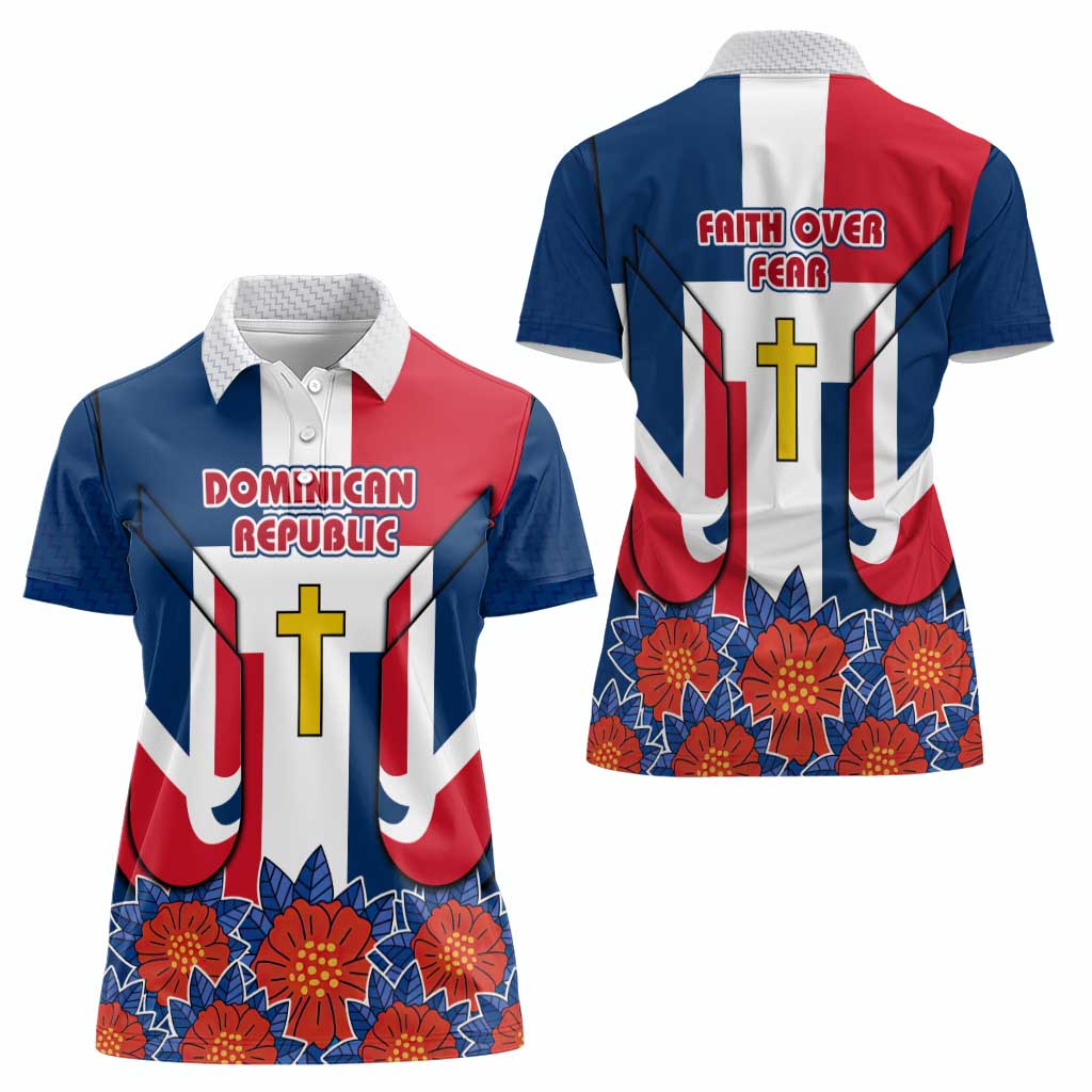 Dominican Republic Flag Women Polo Shirt with Cross and Floral Design Red Blue Pattern - Wonder Print Shop