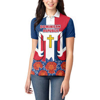 Dominican Republic Flag Women Polo Shirt with Cross and Floral Design Red Blue Pattern - Wonder Print Shop