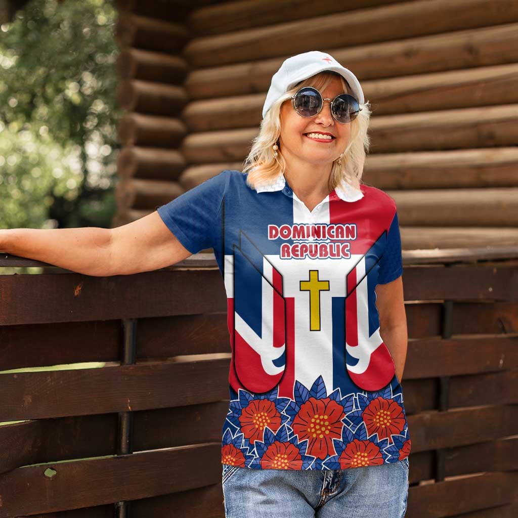 Dominican Republic Flag Women Polo Shirt with Cross and Floral Design Red Blue Pattern - Wonder Print Shop