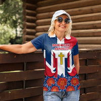 Dominican Republic Flag Women Polo Shirt with Cross and Floral Design Red Blue Pattern - Wonder Print Shop