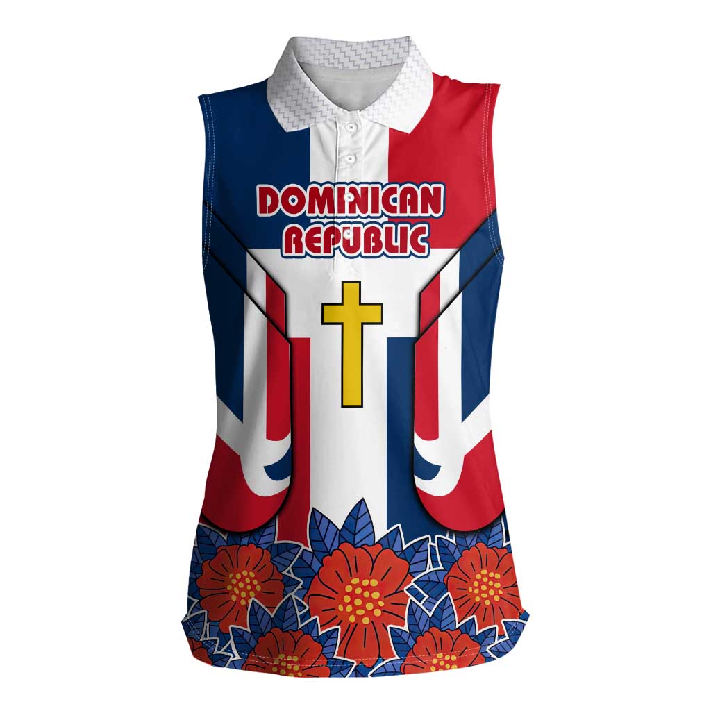 Dominican Republic Flag Women Sleeveless Polo Shirt with Cross and Floral Design Red Blue Pattern - Wonder Print Shop